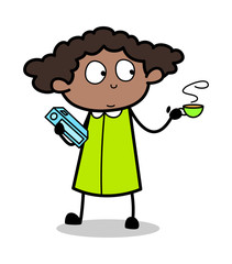 Holding Book and Coffee - Retro Black Office Girl Cartoon Vector Illustration