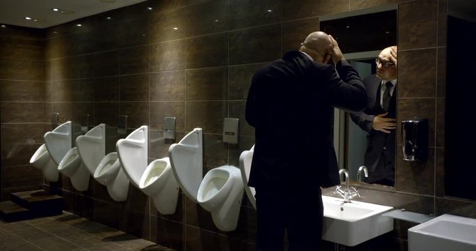 adult bald businessman is entering in toilet room in restaurant, using urinal