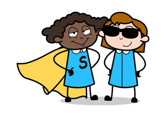 Taking Picture with Super Girl - Retro Black Office Girl Cartoon Vector Illustration
