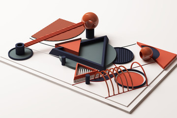 Design with composition of geometric memphis style shapes in orange and blue tone. 3d rendering illustration