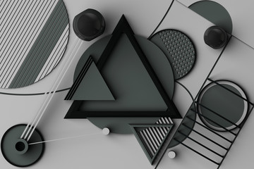 Design with composition of geometric memphis style shapes in grey tone. 3d rendering illustration