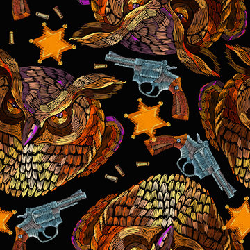 Embroidery owl, sheriff star and guns. Wild west seamless pattern. Crime concept, embroidery. Template for clothes, tapestry, t-shirt design