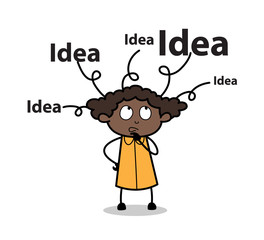 Thinking an Idea - Retro Black Office Girl Cartoon Vector Illustration