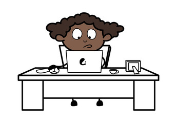 Working on Laptop - Retro Black Office Girl Cartoon Vector Illustration