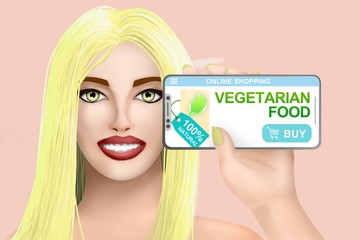 Concept buy online vegetarian organic food. Drawn pretty girl on bright background. Illustration