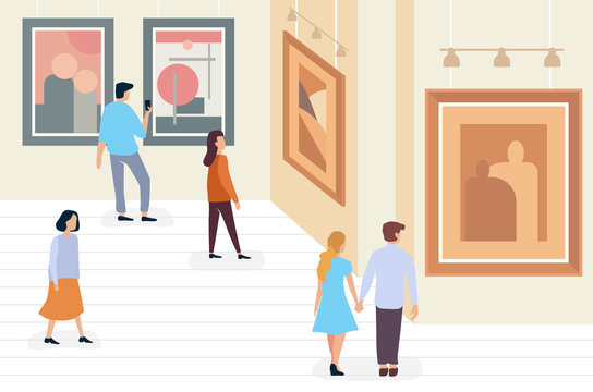 Exhibition visitors people walking and viewing modern abstract paintings at contemporary art gallery museum minimalistic vector illustration.