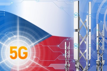 Czechia 5G industrial illustration, big cellular network mast or tower on digital background with the flag - 3D Illustration