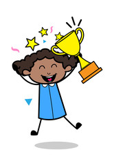 Cheering with Trophy - Retro Black Office Girl Cartoon Vector Illustration
