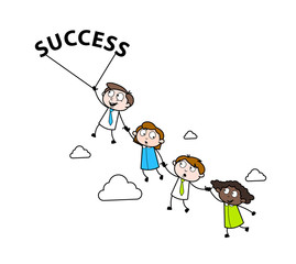 Flying with Success - Retro Black Office Girl Cartoon Vector Illustration