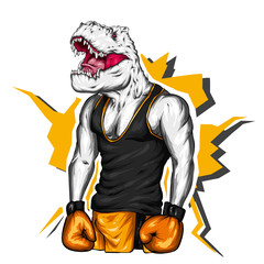 Dinosaur in sportswear and boxing gloves. Pumped up guy. Sportsman. Vector illustration for greeting card or poster. An athlete with a dinosaur head. Athletic man.