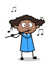 Playing Flute - Retro Black Office Girl Cartoon Vector Illustration