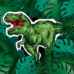 Dinosaur. Bright vector illustration. Cartoon reptile. Tyrannosaur. Print on clothes, drawing for postcards. Hipster.