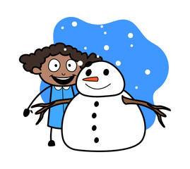 Standing with Snowman and Taking Picture - Retro Black Office Girl Cartoon Vector Illustration