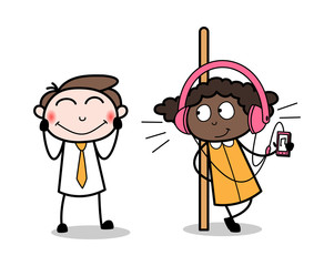 Girl Listening Music in Front of Shy Guy - Retro Black Office Girl Cartoon Vector Illustration