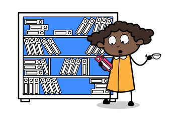 Searching File and Holding a Cup of Tea - Retro Black Office Girl Cartoon Vector Illustration