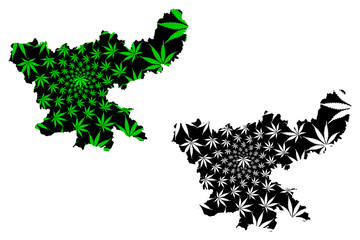 Jharkhand (States and union territories of India, Federated states, Republic of India) map is designed cannabis leaf green and black, Jharkhand state map made of marijuana (marihuana,THC) foliage....