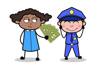 Girl Offering Bribe to a Policeman - Retro Black Office Girl Cartoon Vector Illustration