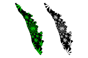 Kerala (States and union territories of India, Federated states, Republic of India) map is designed cannabis leaf green and black, Kerala state map made of marijuana (marihuana,THC) foliage....