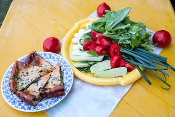Vegetable appetizer on a dish. Fresh green onions, tomatoes, cucumbers, lettuce. Baked Cake On the background of the table is yellow. Evening, summer.