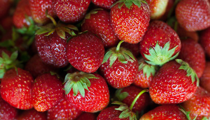 Background from freshly harvested strawberries. Top view