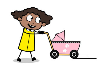 Walking with Baby Stroller - Retro Black Office Girl Cartoon Vector Illustration
