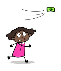 Trying to Catch Floating Money - Retro Black Office Girl Cartoon Vector Illustration