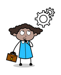 Thinking for Service - Retro Black Office Girl Cartoon Vector Illustration