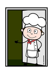 Inviting for Come Inside the House - Cartoon Waiter Male Chef Vector Illustration