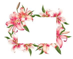 Beautiful pink lily frame. Bouquet of flowers. Floral print. Marker drawing. Watercolor painting. Wedding and birthday festive composition. Greeting card. Painted background. Hand drawn illustration.