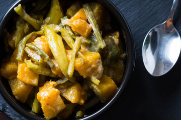 spicy pumpkin in shrimp coconut milk sauce or also known as ginataang kalabasa in the Philippines