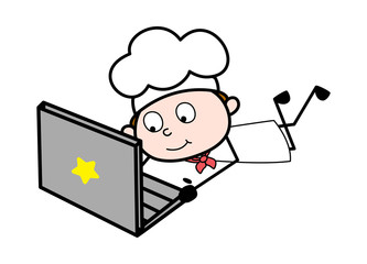 Watching Videos on Laptop - Cartoon Waiter Male Chef Vector Illustration