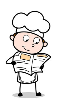 Reading Newspaper - Cartoon Waiter Male Chef Vector Illustration