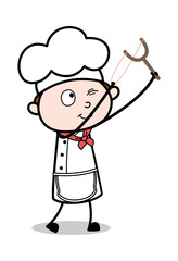 Targeting with Slingshot - Cartoon Waiter Male Chef Vector Illustration
