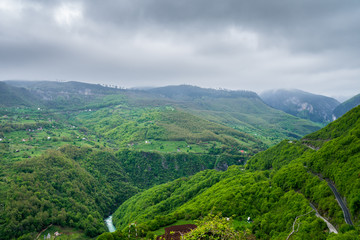 Fototapeta na wymiar Montenegro, Mountain road through green tree covered tara canyon nature landscape formed by majestic tara river
