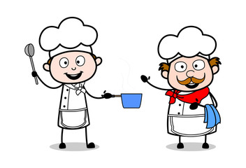 Two Chef Preparing Food - Cartoon Waiter Male Chef Vector Illustration