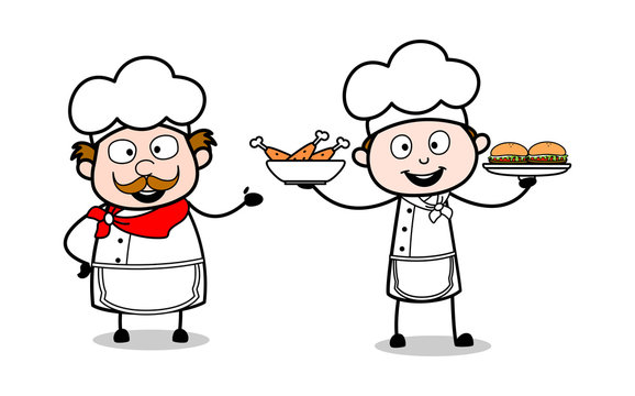 Presenting Variety of Dishes - Cartoon Waiter Male Chef Vector Illustration