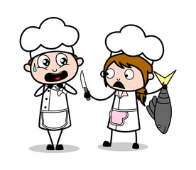 Female Chef Showing Knife and Male Chef Scaring - Cartoon Waiter Male Chef Vector Illustration
