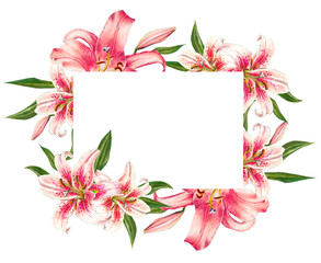 Beautiful pink lily frame. Bouquet of flowers. Floral print. Marker drawing. Watercolor painting. Wedding and birthday festive composition. Greeting card. Painted background. Hand drawn illustration.