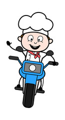 Young Chef Riding Bike - Cartoon Waiter Male Chef Vector Illustration