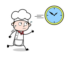 Running Behind the Clock - Cartoon Waiter Male Chef Vector Illustration