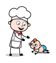 Chef Playing with Baby Kid - Cartoon Waiter Male Chef Vector Illustration