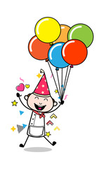 Enjoying with Balloons - Cartoon Waiter Male Chef Vector Illustration