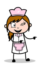 Winking Eye and Pointing Finger - Retro Cartoon Waitress Female Chef Vector Illustration