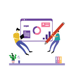 People flying and interacting with graphs and papers. Business and workflow management. template Vector Illustration