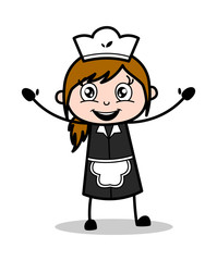 Raising Hands with Joy - Retro Cartoon Waitress Female Chef Vector Illustration
