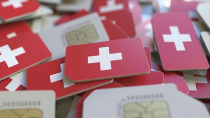SIM cards with flag of Switzerland. Swiss cellular network related conceptual 3D animation - Powered by Adobe