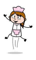 Jumping in Excitement - Retro Cartoon Waitress Female Chef Vector Illustration