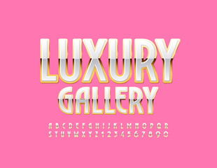 Vector glamour emblem Luxury Gallery with Golden and White Font. Uppercase elegant Alphabet. Chic shiny Letters and Numbers
