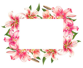 Obraz premium Beautiful pink lily frame. Bouquet of flowers. Floral print. Marker drawing. Watercolor painting. Wedding and birthday festive composition. Greeting card. Painted background. Hand drawn illustration.