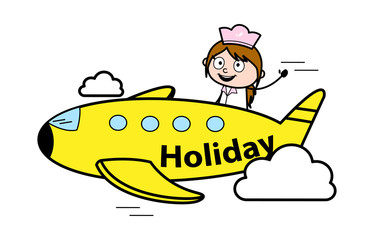 Going on Holidays in Plane - Retro Cartoon Waitress Female Chef Vector Illustration